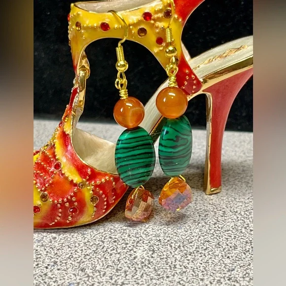 Dyed malachite and bright orange Swarovski crystal earrings on Sterling - Picture 3 of 8
